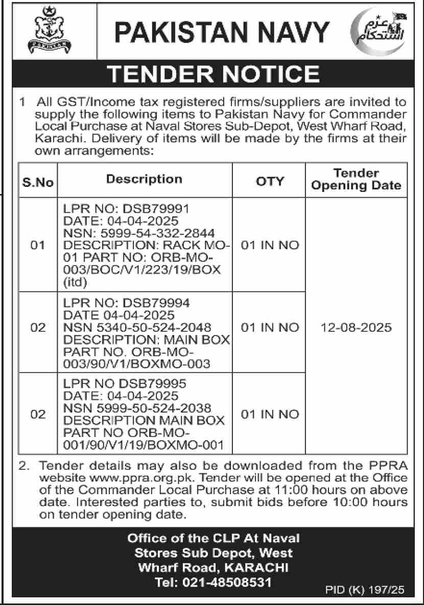 Pakistan Navy Karachi Tender Notice